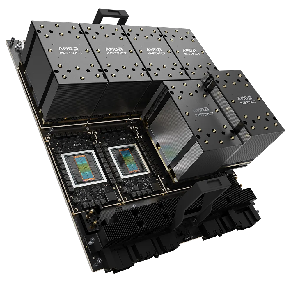 AMD Instinct MI300X platform with eight OAM modules, two with heatsinks removed showing the chiplet packages