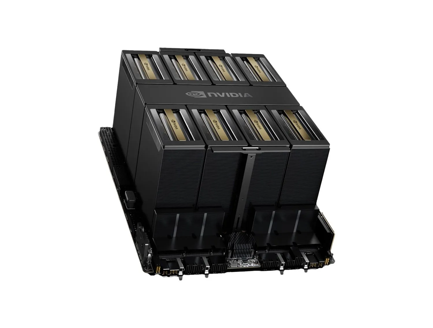 NVIDIA HGX B200 baseboard with eight Blackwell GPUs under massive heatsinks